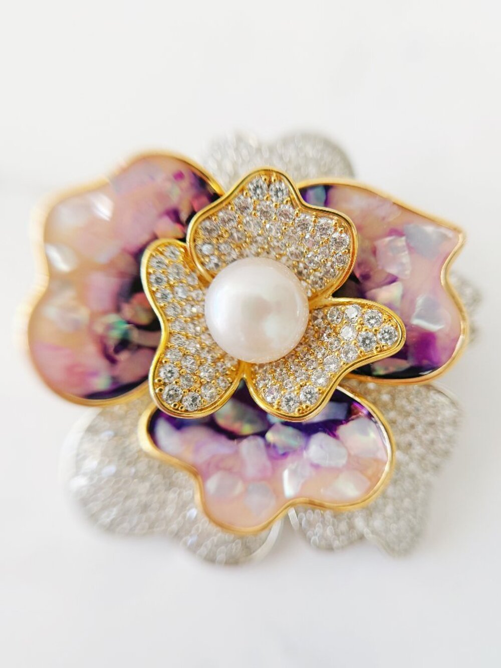Pink & Purple Rhinestone Flower Brooch Pin with Pearl-Style Center, Silver Tone